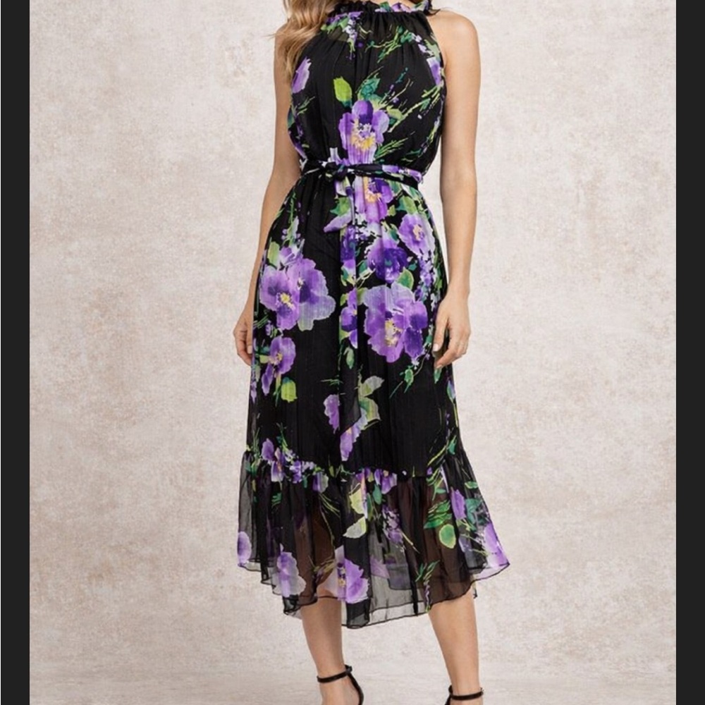 Emma & Michele Black and Purple Floral High Low Dress